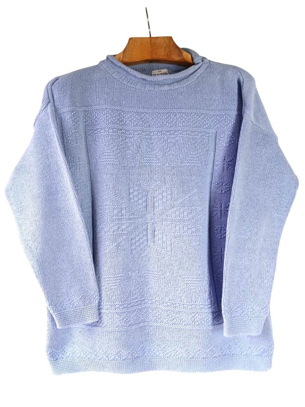 Vintage Basic Editions Light Blue Knit Pullover Sweater Snowflake Size L Cotton